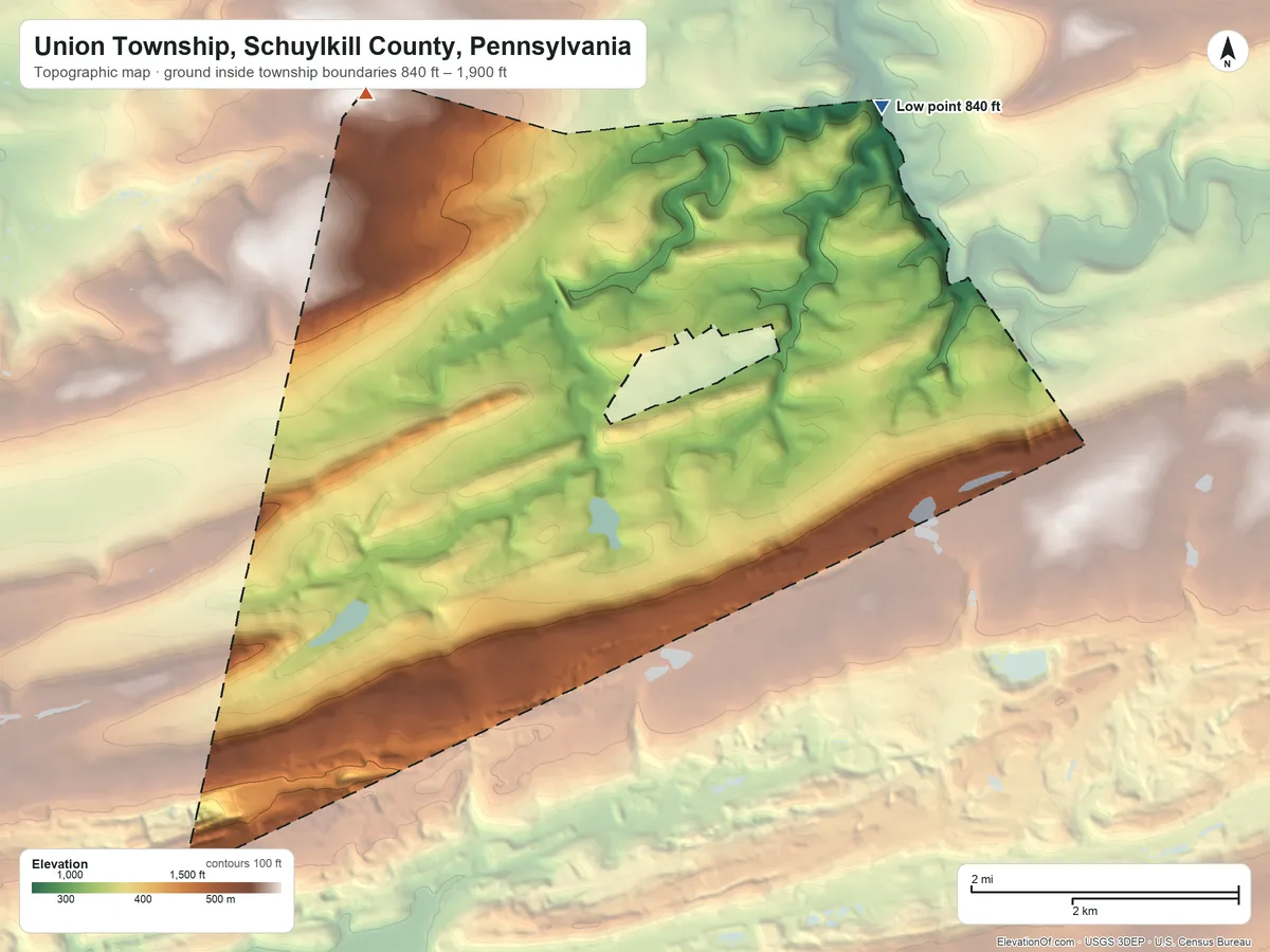 Topographic elevation map of Union Township, Schuylkill County, Pennsylvania, shaded from 840 ft on the northeast side to 1,900 ft on the northwest side