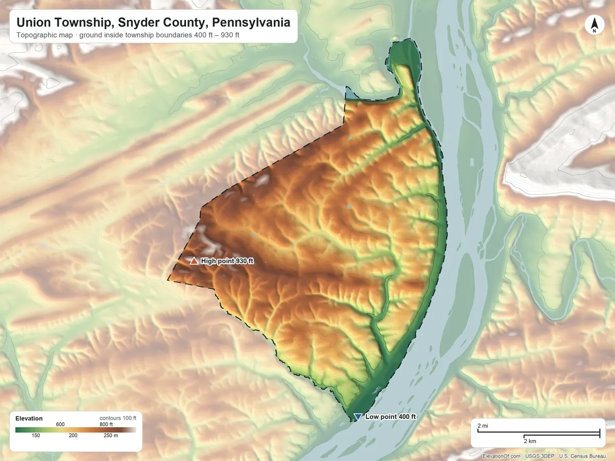 Topographic elevation map of Union Township, Snyder County, Pennsylvania, shaded from 400 ft on the south side to 930 ft on the west side