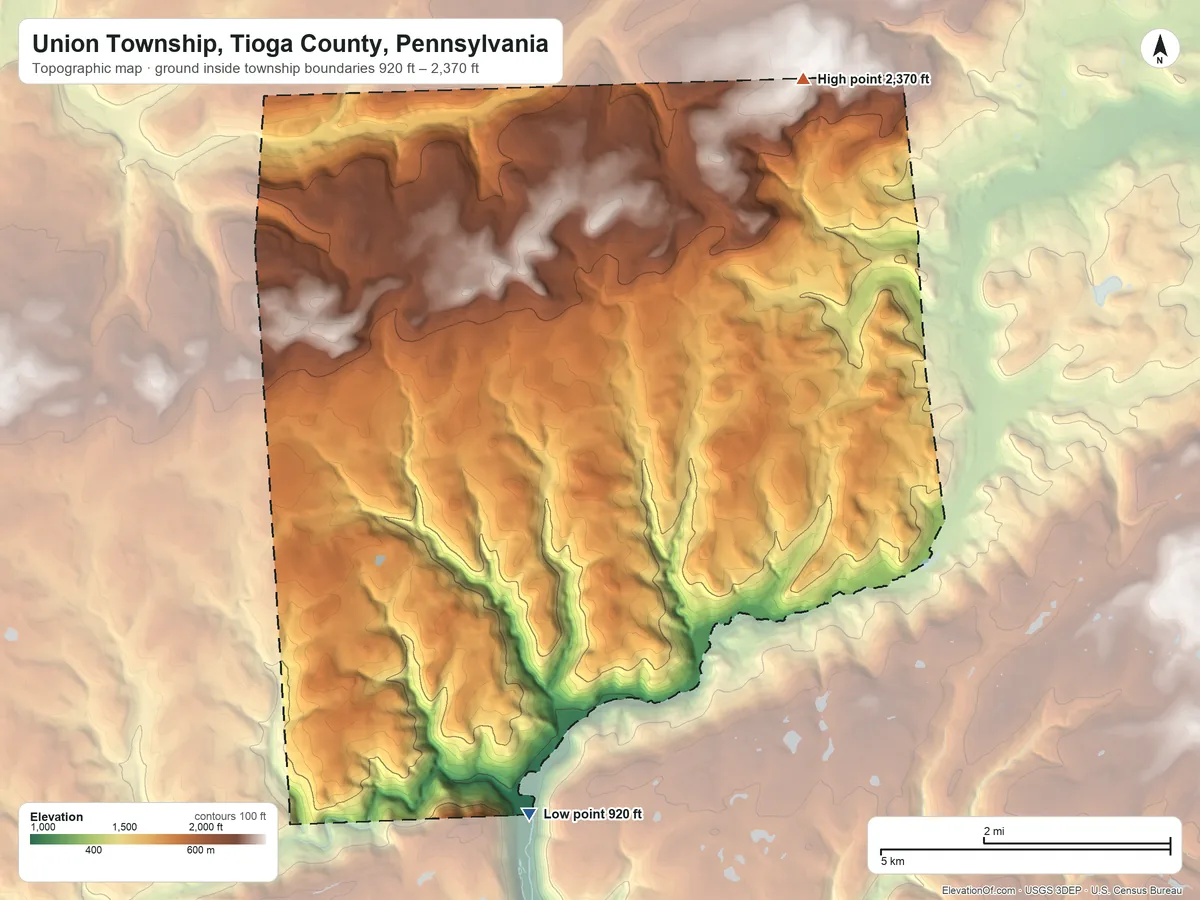 Topographic elevation map of Union Township, Tioga County, Pennsylvania, shaded from 920 ft on the south side to 2,370 ft on the northeast side