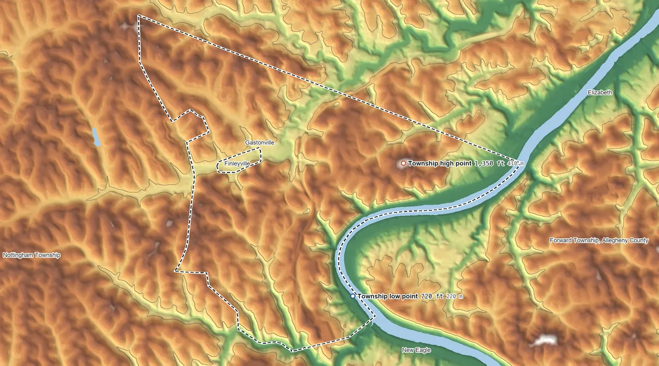 Topographic elevation map of Union Township, Pennsylvania, shaded from 720 ft on the southeast side to 1,350 ft on Pollocks Knob