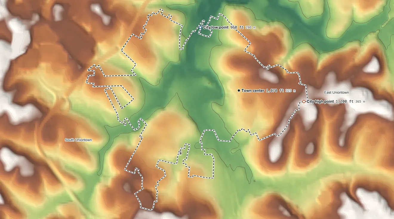 Topographic elevation map of Uniontown, Pennsylvania, shaded from 960 ft on the northwest side to 1,200 ft on the east side