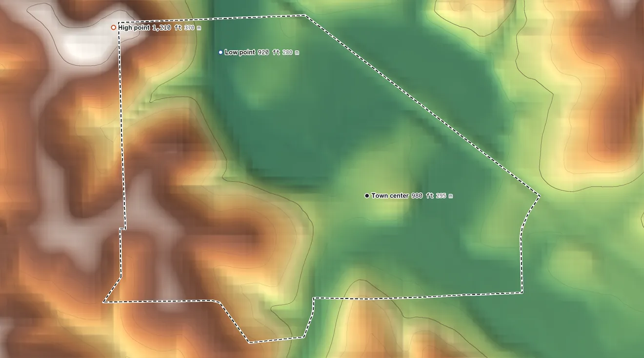 Topographic elevation map of Unionville, Beaver County, Pennsylvania, shaded from 920 ft on the northwest side to 1,210 ft on the northwest side