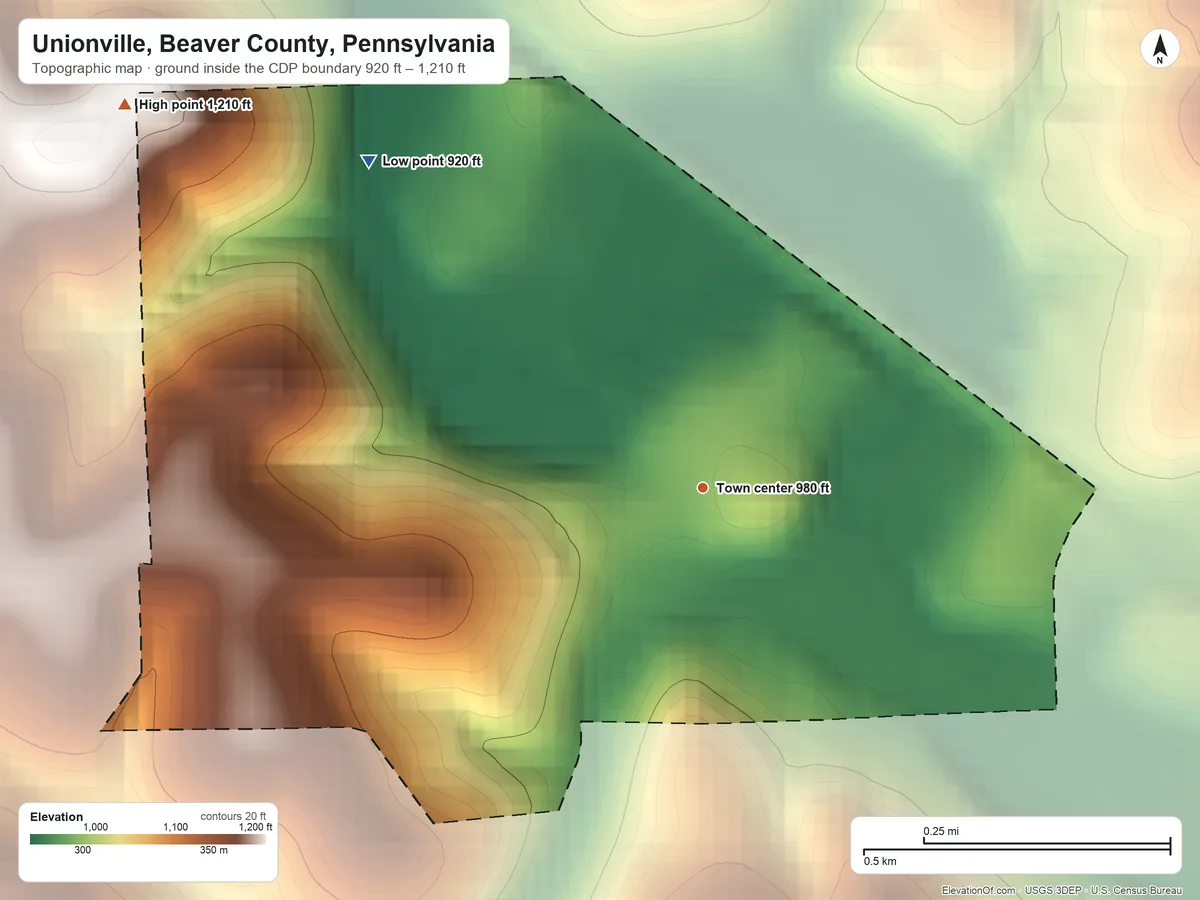 Topographic elevation map of Unionville, Beaver County, Pennsylvania, shaded from 920 ft on the northwest side to 1,210 ft on the northwest side