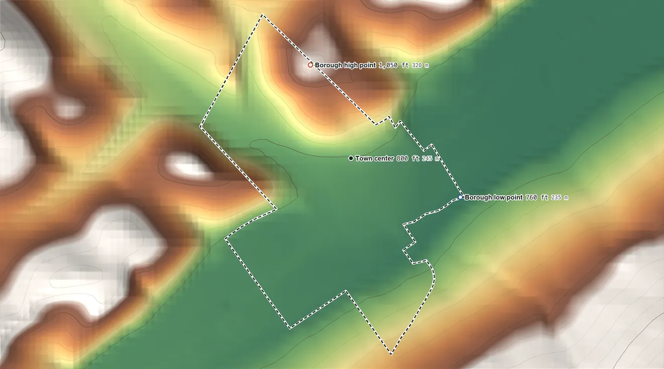 Topographic elevation map of Borough of Unionville, Pennsylvania, shaded from 760 ft on the east side to 1,050 ft on the northwest edge, below higher ground just outside