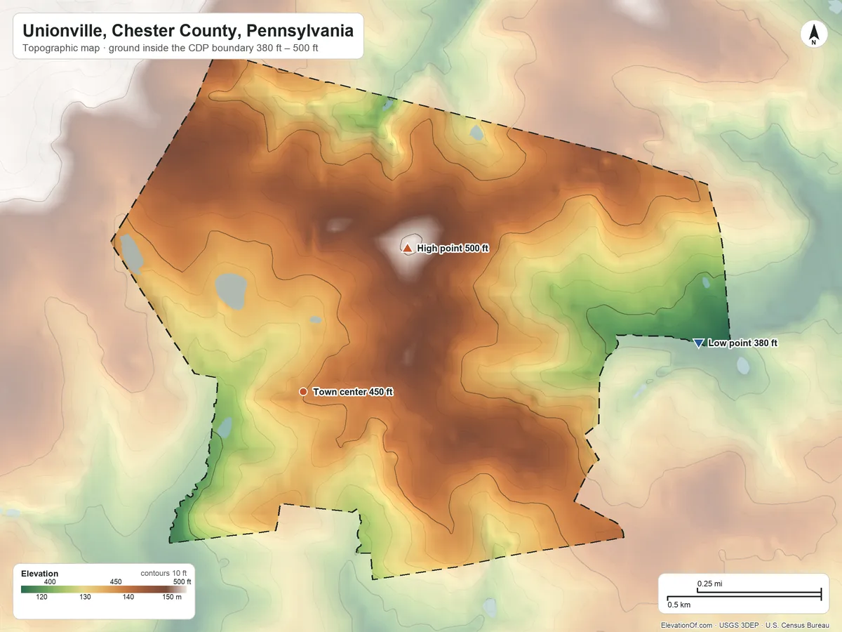 Topographic elevation map of Unionville, Chester County, Pennsylvania, shaded from 380 ft on the east side to 500 ft on the northeast side