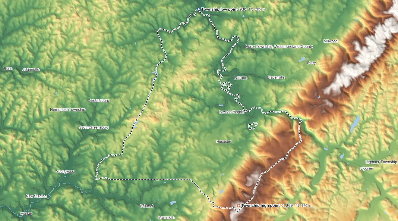 Topographic elevation map of Unity Township, Pennsylvania, shaded from 930 ft on the north side to 2,200 ft on the southeast side