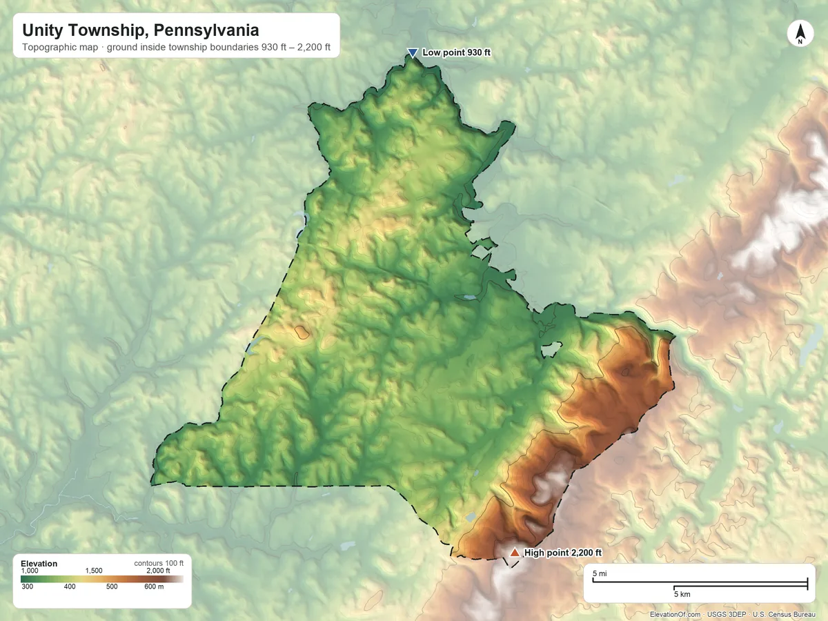 Topographic elevation map of Unity Township, Pennsylvania, shaded from 930 ft on the north side to 2,200 ft on the southeast side