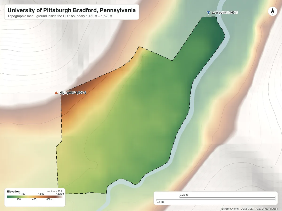 Topographic elevation map of University of Pittsburgh Bradford, Pennsylvania, shaded from 1,460 ft on the northeast side to 1,520 ft on the northwest edge, below higher ground just outside