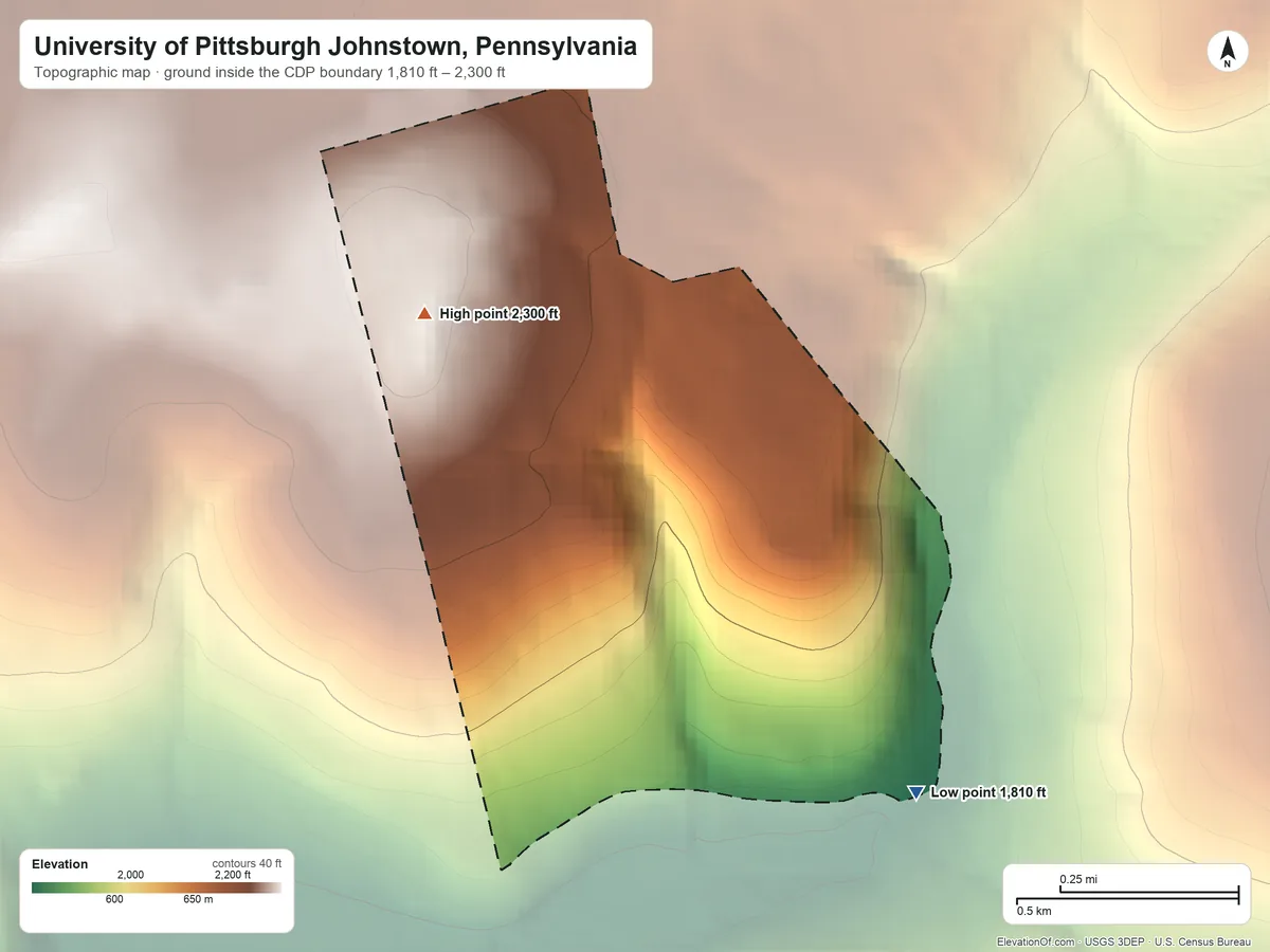 Topographic elevation map of University of Pittsburgh Johnstown, Pennsylvania, shaded from 1,810 ft on the southeast side to 2,300 ft on the west side