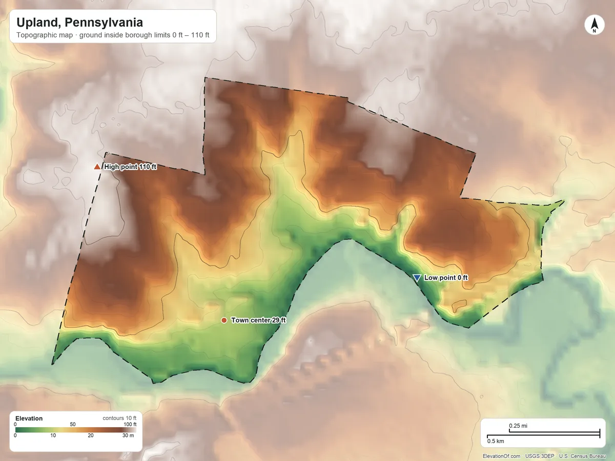 Topographic elevation map of Upland, Pennsylvania, shaded from 0 ft on the east side to 110 ft on the northwest side