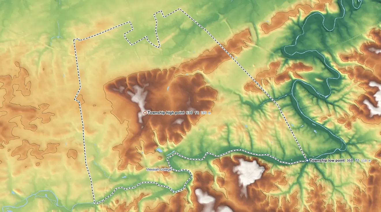 Topographic elevation map of Upper Allen Township, Pennsylvania, shaded from 360 ft on the east side to 630 ft near the middle