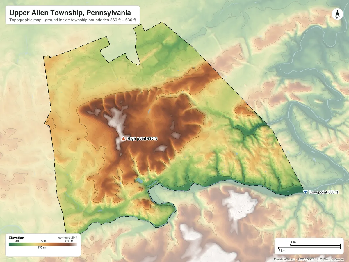 Topographic elevation map of Upper Allen Township, Pennsylvania, shaded from 360 ft on the east side to 630 ft near the middle