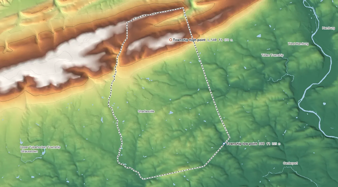 Topographic elevation map of Upper Bern Township, Pennsylvania, shaded from 380 ft on the southeast side to 1,540 ft on the north side