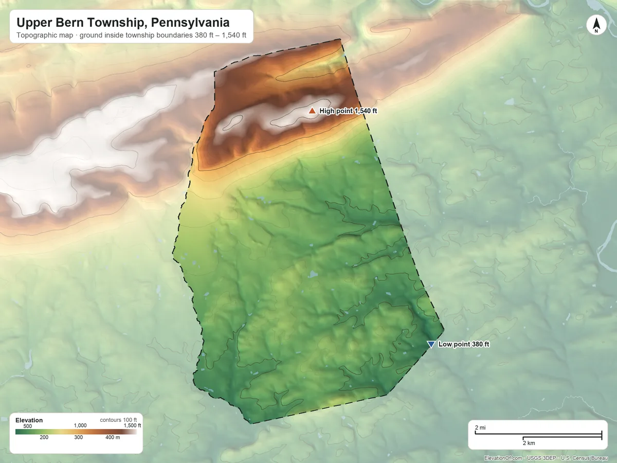 Topographic elevation map of Upper Bern Township, Pennsylvania, shaded from 380 ft on the southeast side to 1,540 ft on the north side