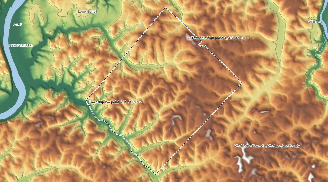Topographic elevation map of Upper Burrell Township, Pennsylvania, shaded from 790 ft on the west side to 1,410 ft on the northeast side