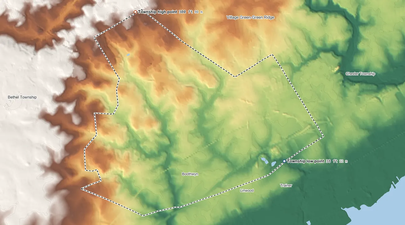 Topographic elevation map of Upper Chichester Township, Pennsylvania, shaded from 38 ft on the east side to 300 ft on the north side
