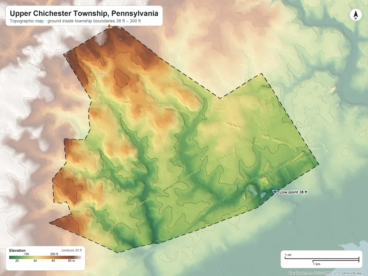 Topographic elevation map of Upper Chichester Township, Pennsylvania, shaded from 38 ft on the east side to 300 ft on the north side