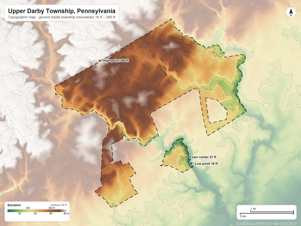 Topographic elevation map of Upper Darby Township, Pennsylvania, shaded from 16 ft near the middle to 260 ft on the northwest side