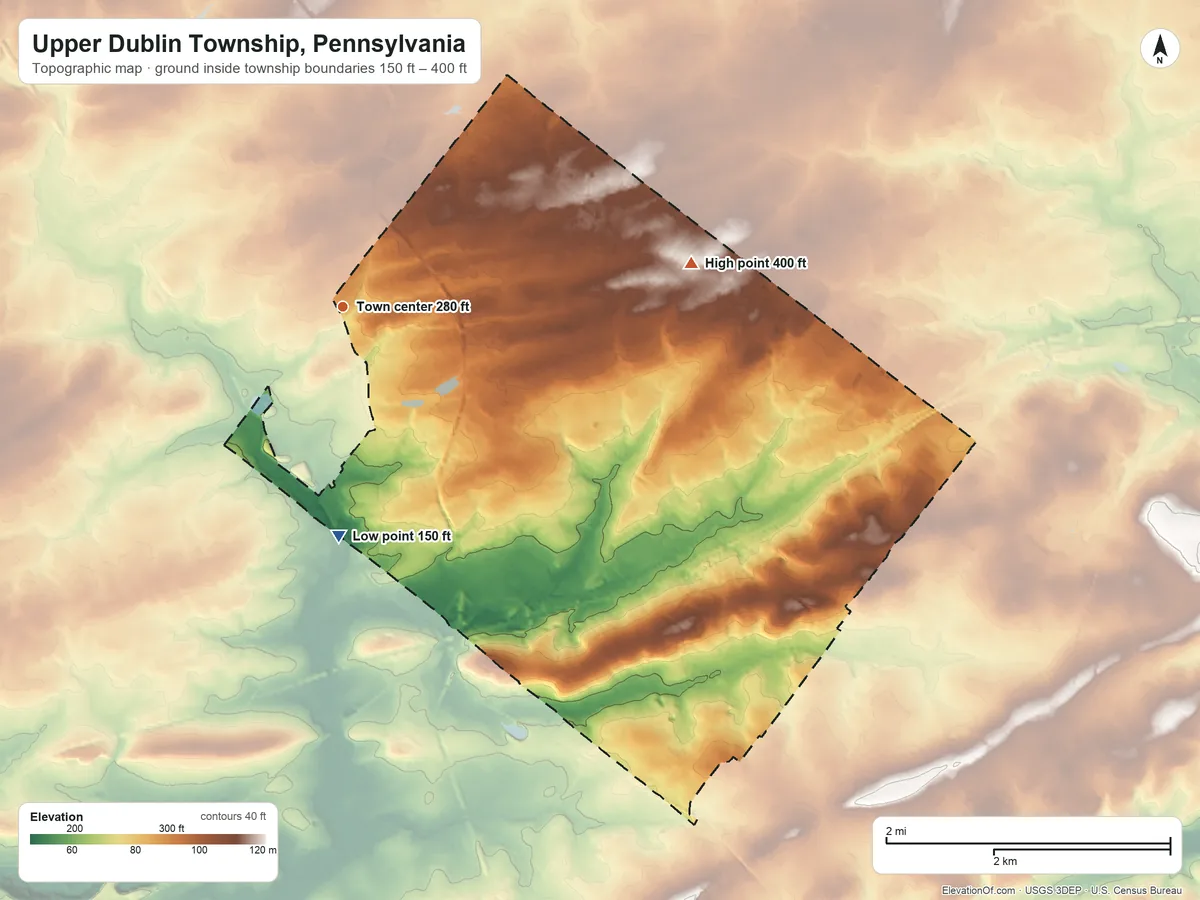 Topographic elevation map of Upper Dublin Township, Pennsylvania, shaded from 150 ft on the south side to 400 ft on the east side