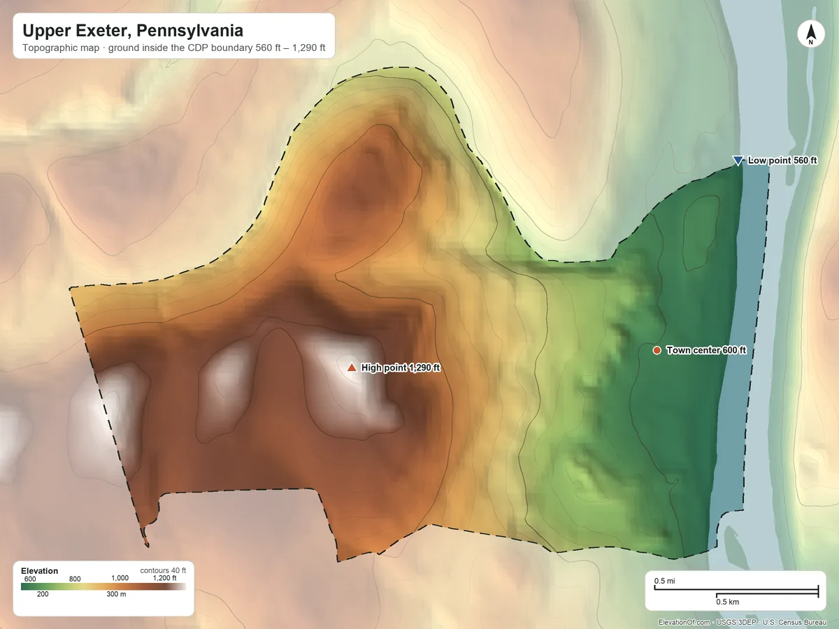 Topographic elevation map of Upper Exeter, Pennsylvania, shaded from 560 ft on the northeast side to 1,290 ft on the west side