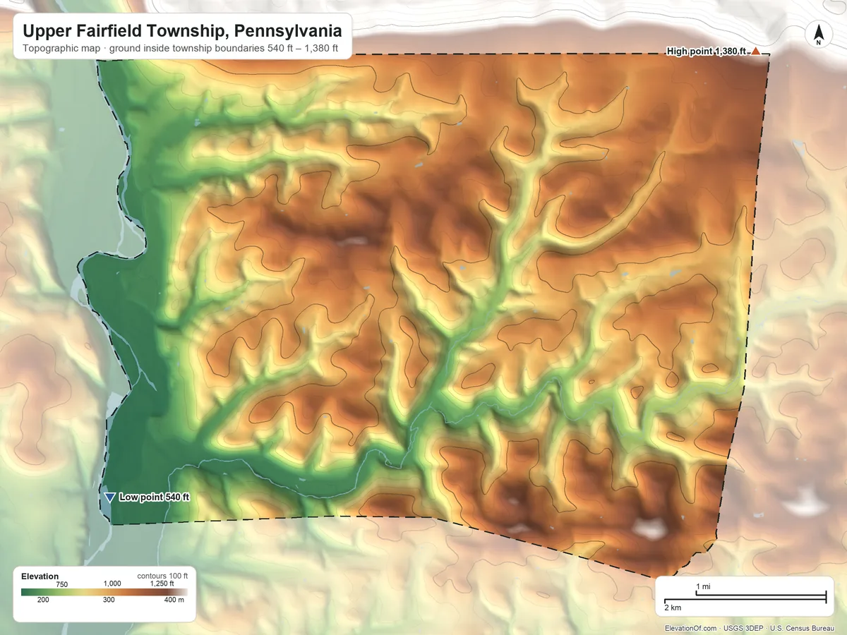Topographic elevation map of Upper Fairfield Township, Pennsylvania, shaded from 540 ft on the southwest side to 1,380 ft on the northeast edge, below higher ground just outside