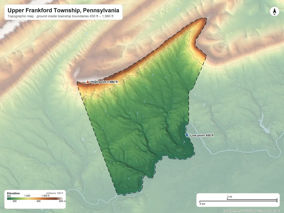 Topographic elevation map of Upper Frankford Township, Pennsylvania, shaded from 450 ft on the southeast side to 1,980 ft on Flat Rock