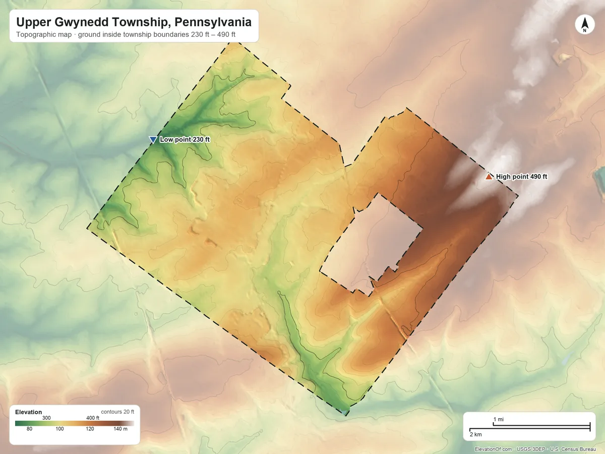 Topographic elevation map of Upper Gwynedd Township, Pennsylvania, shaded from 230 ft on the west side to 490 ft on the east side