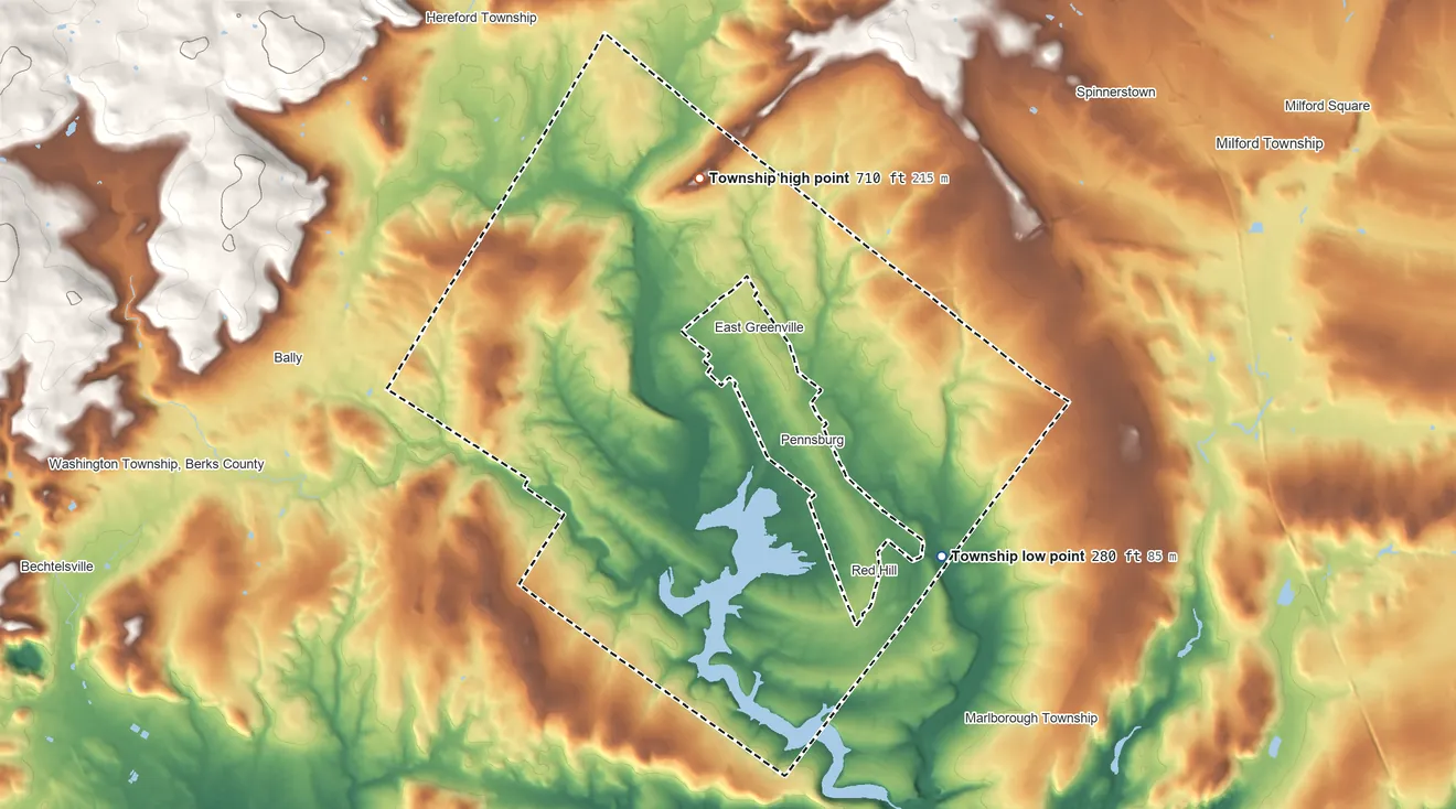 Topographic elevation map of Upper Hanover Township, Pennsylvania, shaded from 280 ft on the southeast side to 710 ft on the northwest side