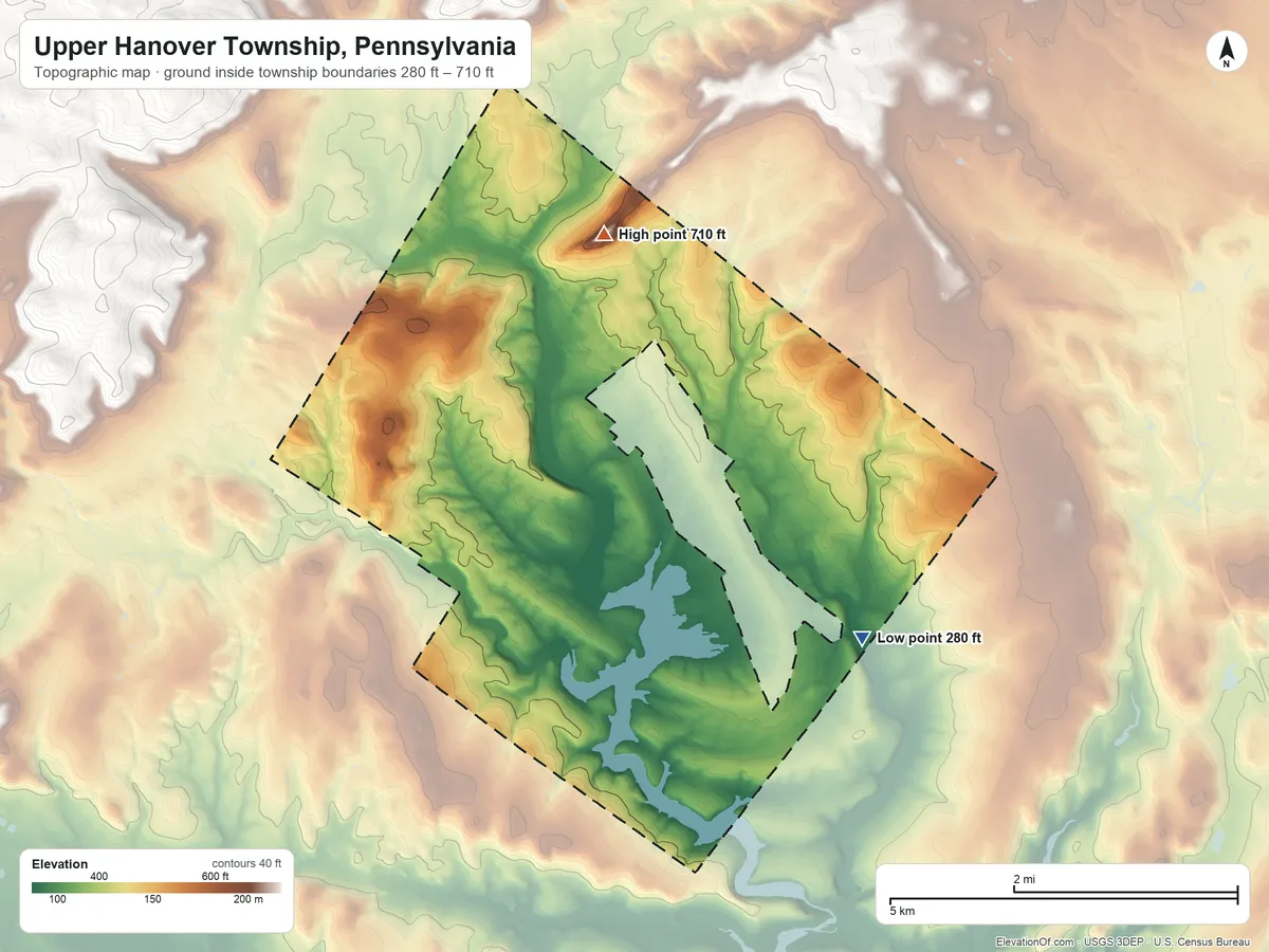 Topographic elevation map of Upper Hanover Township, Pennsylvania, shaded from 280 ft on the southeast side to 710 ft on the northwest side