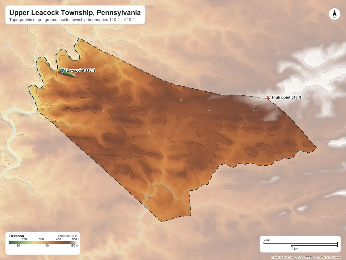 Topographic elevation map of Upper Leacock Township, Pennsylvania, shaded from 110 ft on the northwest side to 510 ft on the east side