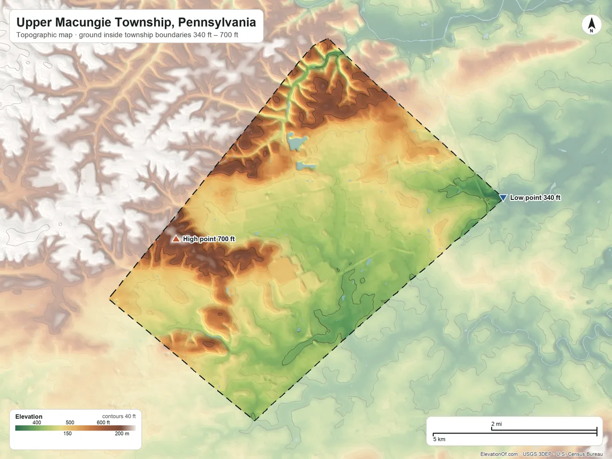 Topographic elevation map of Upper Macungie Township, Pennsylvania, shaded from 340 ft on the east side to 700 ft on the west side