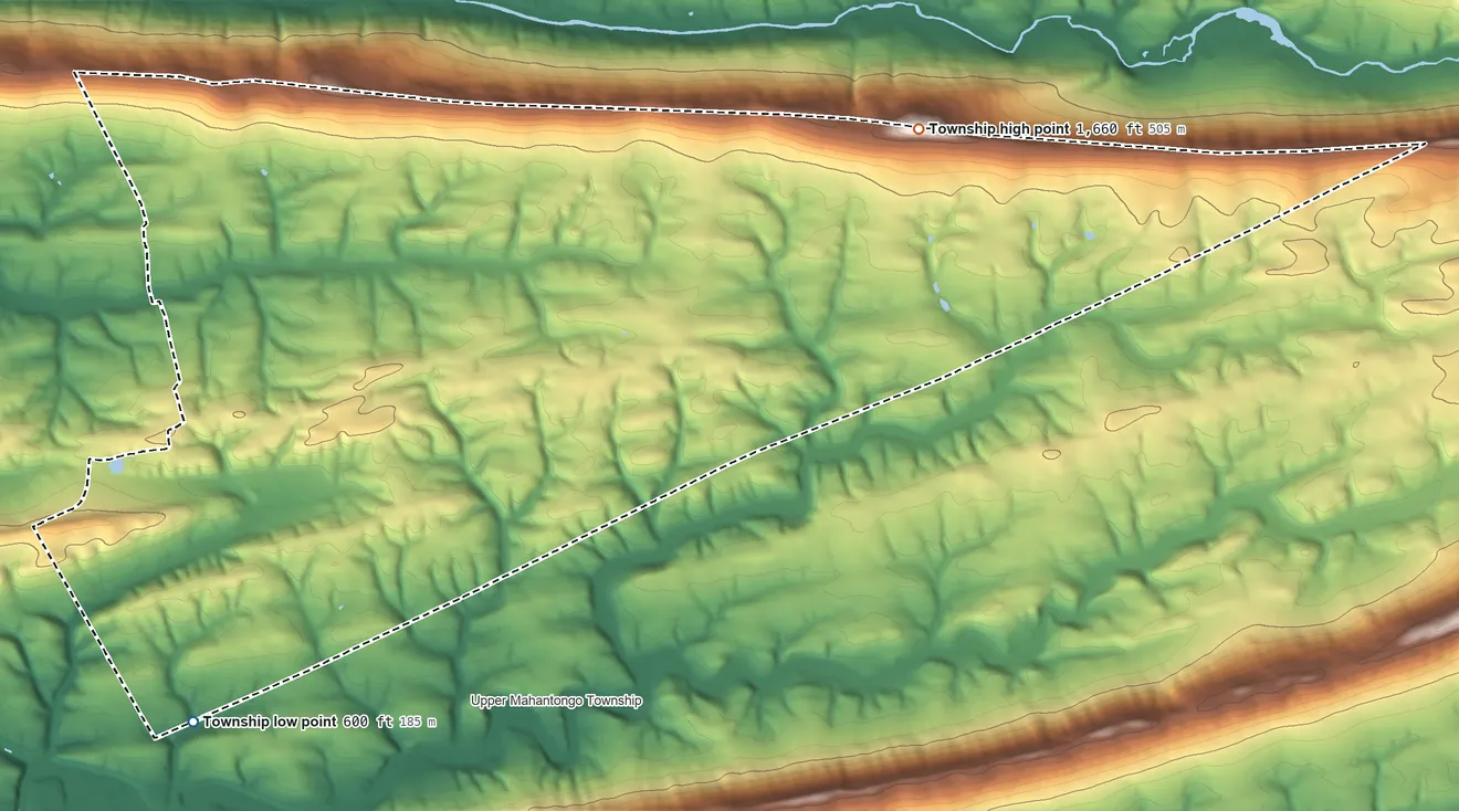 Topographic elevation map of Upper Mahanoy Township, Pennsylvania, shaded from 600 ft on the southwest side to 1,660 ft on the northeast side