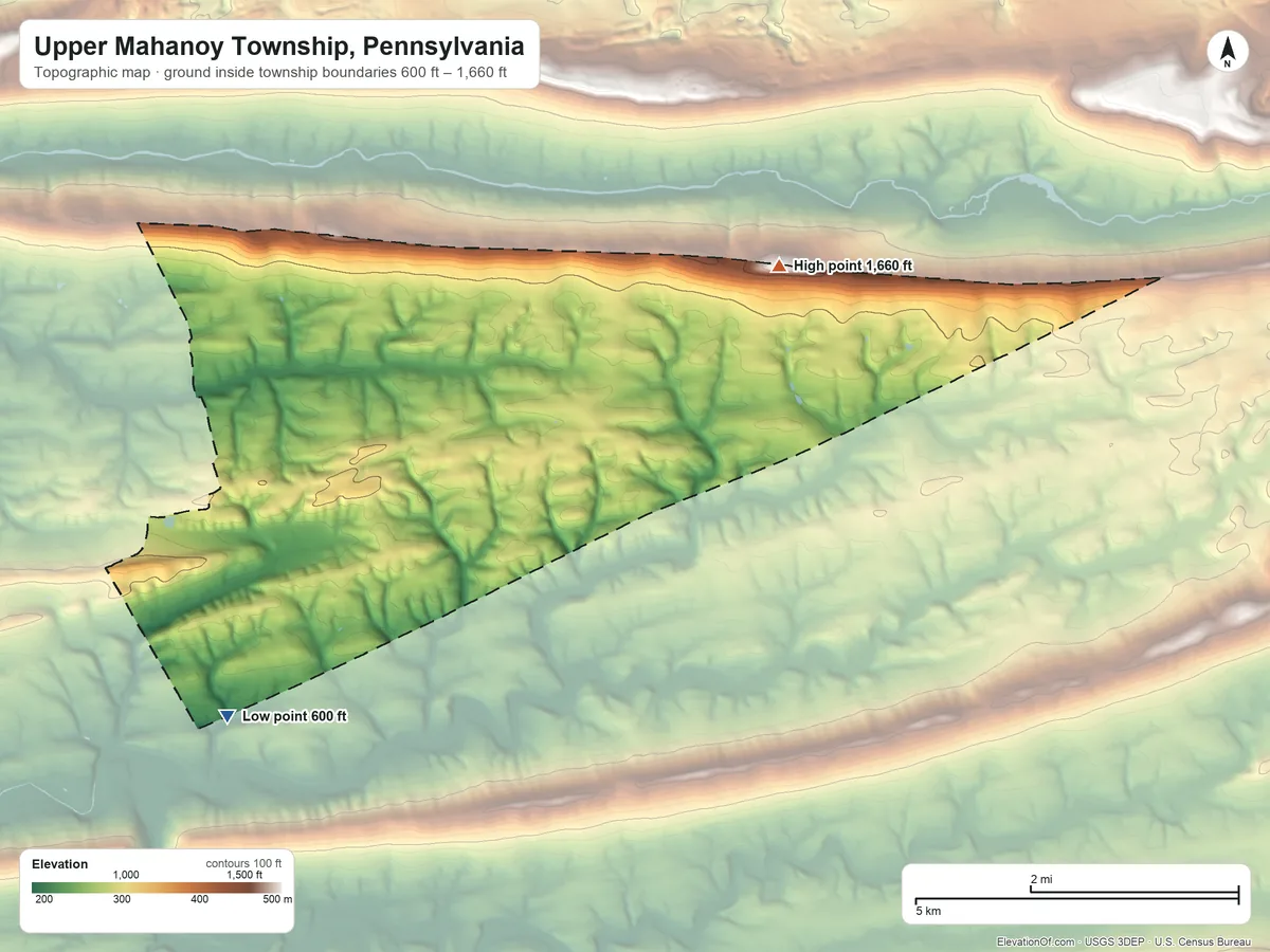 Topographic elevation map of Upper Mahanoy Township, Pennsylvania, shaded from 600 ft on the southwest side to 1,660 ft on the northeast side