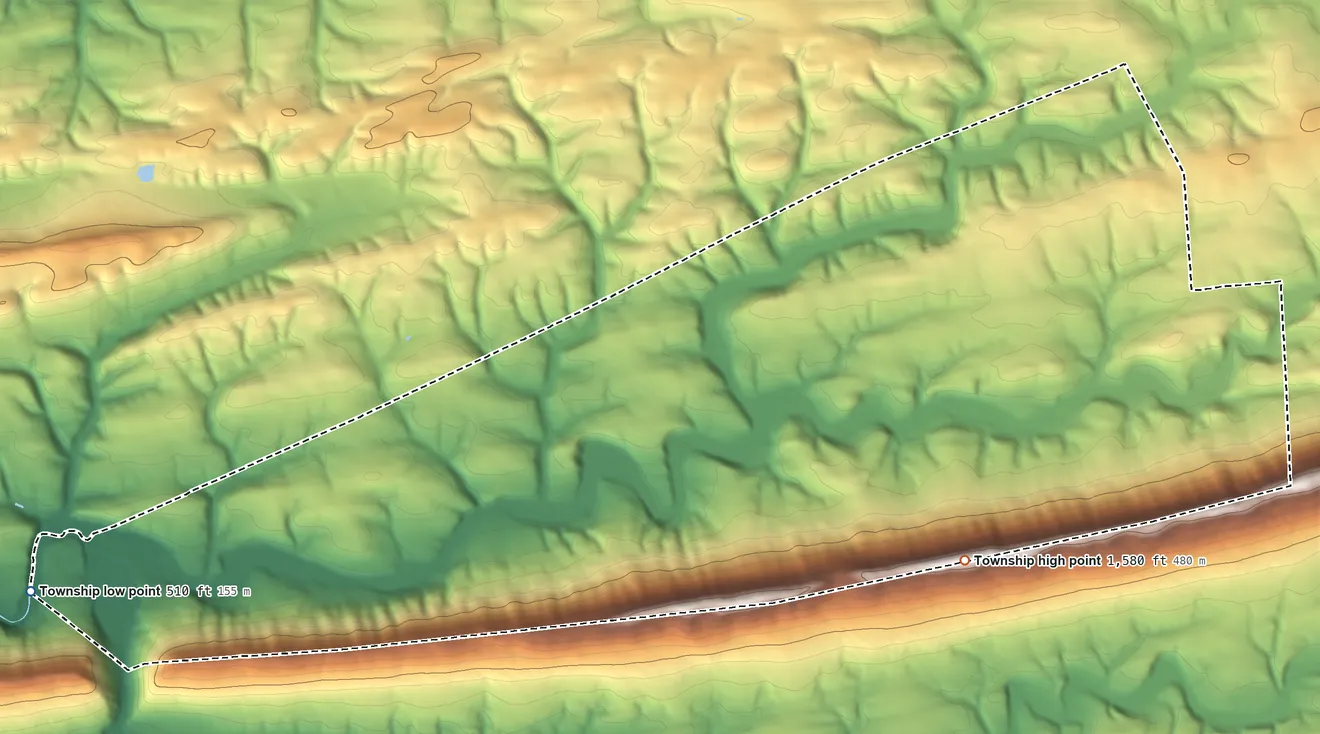 Topographic elevation map of Upper Mahantongo Township, Pennsylvania, shaded from 510 ft on the west side to 1,580 ft on the east side