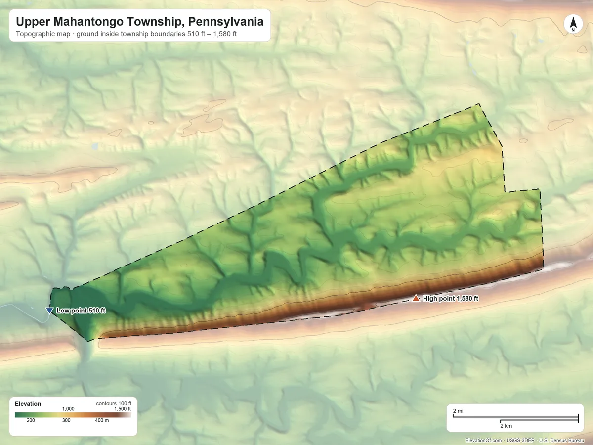 Topographic elevation map of Upper Mahantongo Township, Pennsylvania, shaded from 510 ft on the west side to 1,580 ft on the east side