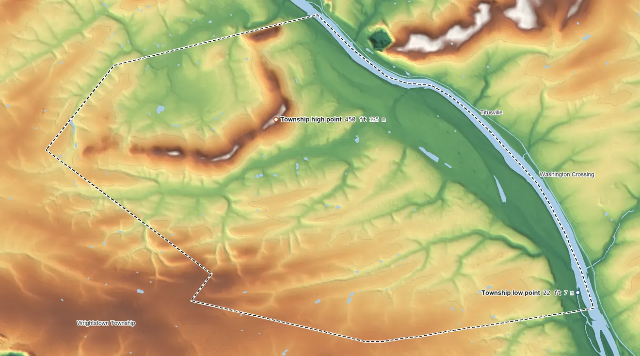 Topographic elevation map of Upper Makefield Township, Pennsylvania, shaded from 22 ft on the southeast side to 450 ft on Jericho Mountain