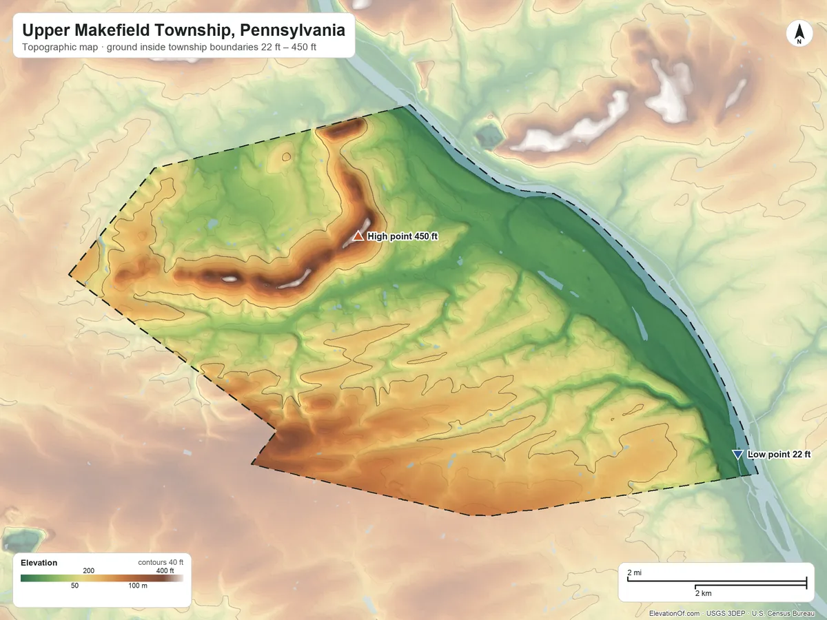 Topographic elevation map of Upper Makefield Township, Pennsylvania, shaded from 22 ft on the southeast side to 450 ft on Jericho Mountain