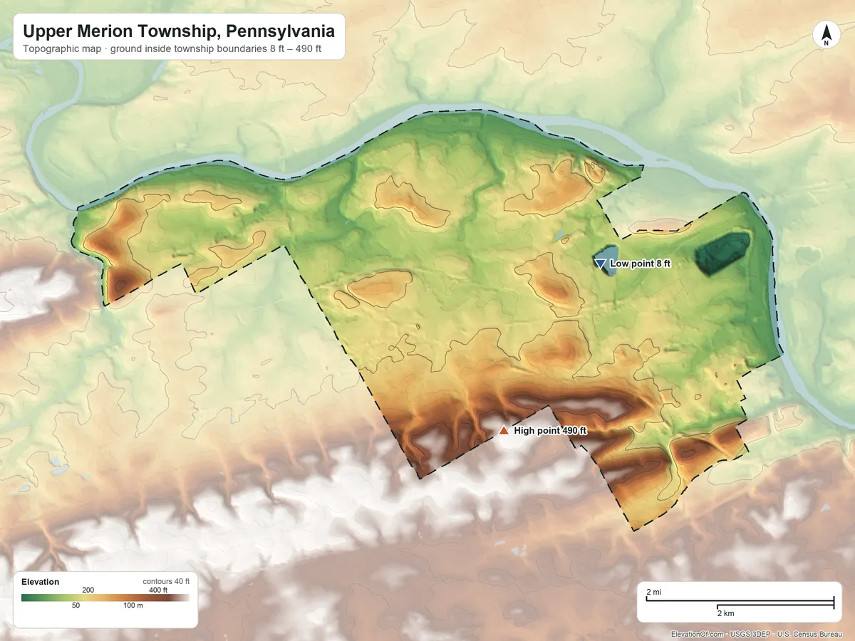 Topographic elevation map of Upper Merion Township, Pennsylvania, shaded from 8 ft on the east side to 490 ft on the south side