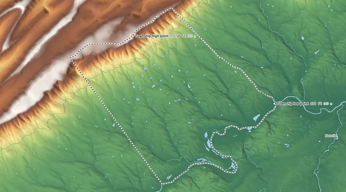 Topographic elevation map of Upper Mifflin Township, Pennsylvania, shaded from 480 ft on the east side to 2,150 ft on the northwest side