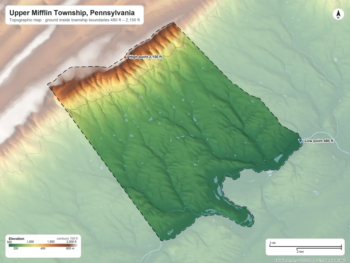 Topographic elevation map of Upper Mifflin Township, Pennsylvania, shaded from 480 ft on the east side to 2,150 ft on the northwest side