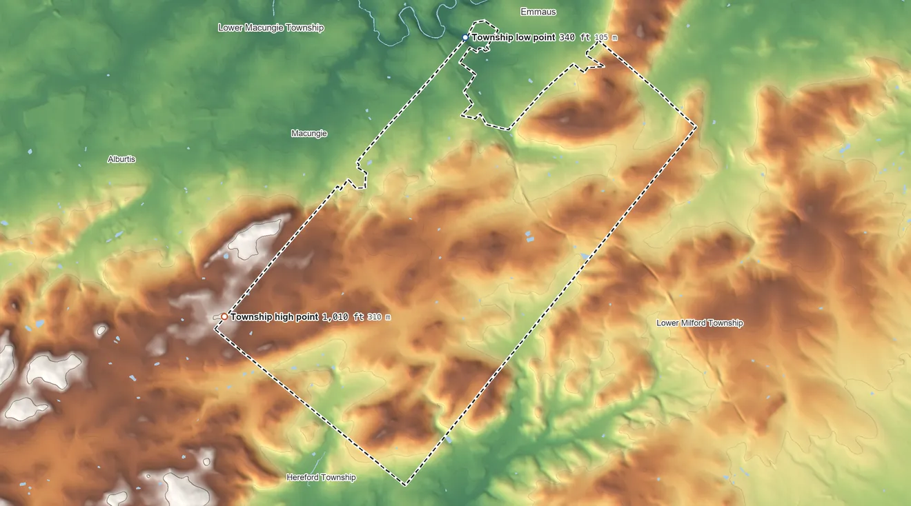 Topographic elevation map of Upper Milford Township, Pennsylvania, shaded from 340 ft on the north side to 1,010 ft on the west side
