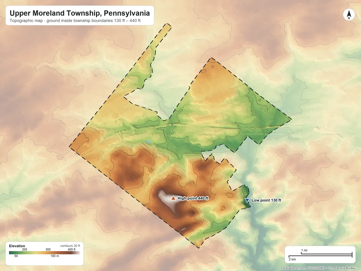 Topographic elevation map of Upper Moreland Township, Pennsylvania, shaded from 130 ft on the southeast side to 440 ft on the south side