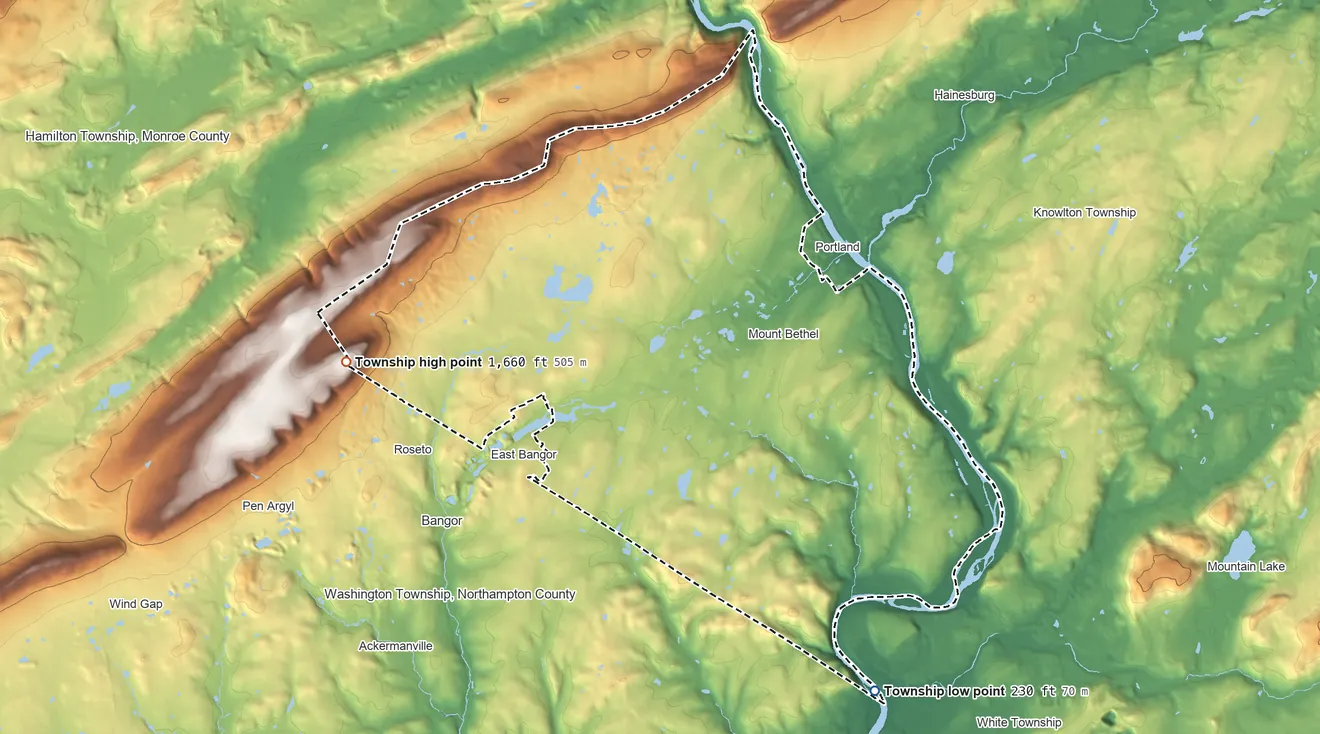 Topographic elevation map of Upper Mount Bethel Township, Pennsylvania, shaded from 230 ft on the southeast side to 1,660 ft on the west side
