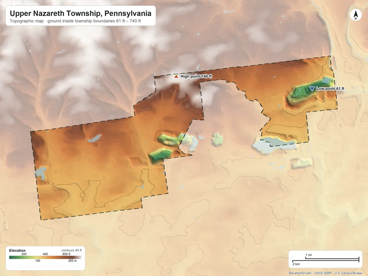 Topographic elevation map of Upper Nazareth Township, Pennsylvania, shaded from 61 ft on the east side to 740 ft on the north side