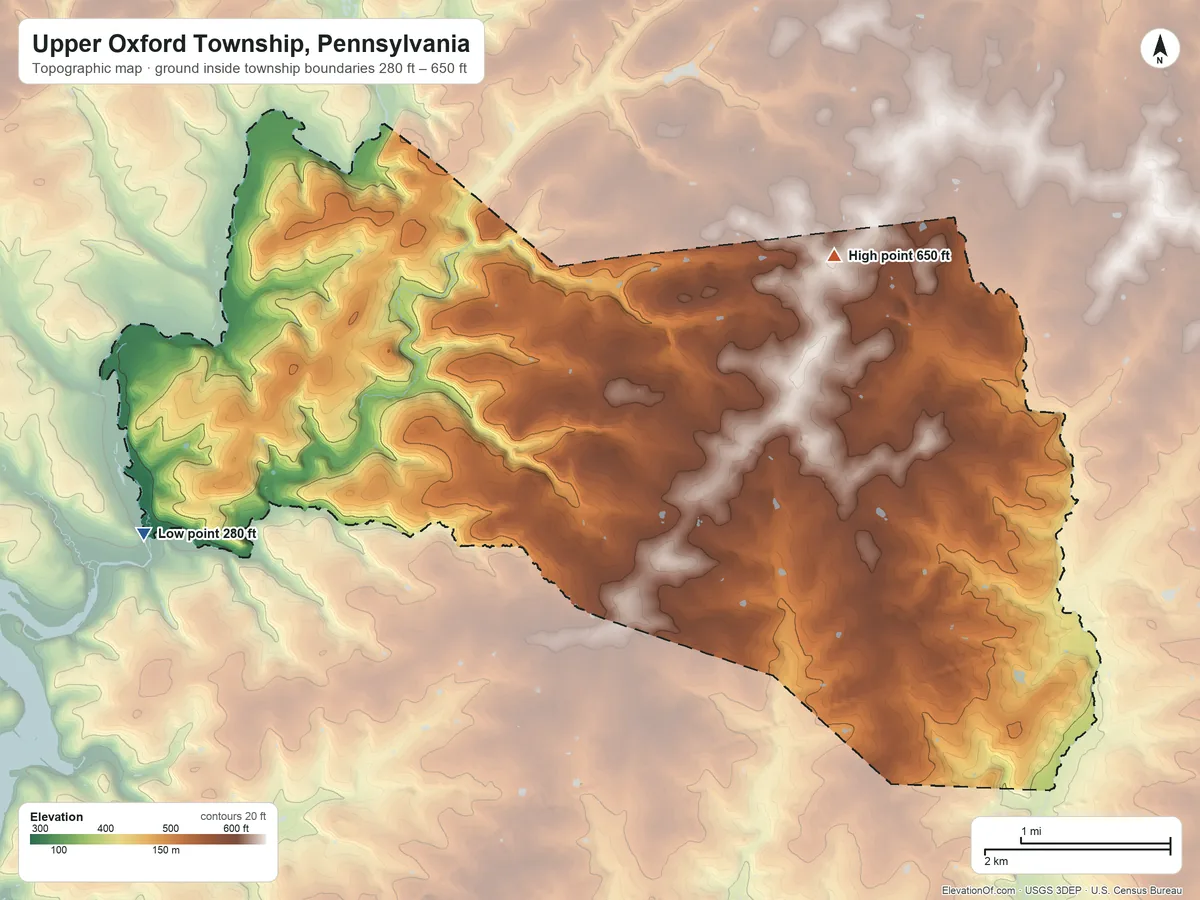 Topographic elevation map of Upper Oxford Township, Pennsylvania, shaded from 280 ft on the west side to 650 ft on the northeast side