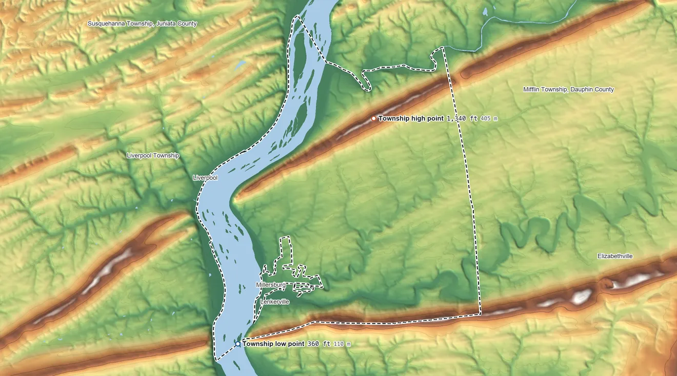Topographic elevation map of Upper Paxton Township, Pennsylvania, shaded from 360 ft on the southwest side to 1,340 ft on the north side