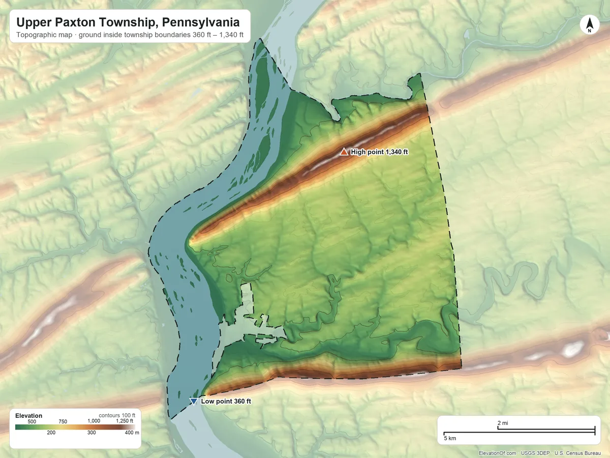 Topographic elevation map of Upper Paxton Township, Pennsylvania, shaded from 360 ft on the southwest side to 1,340 ft on the north side