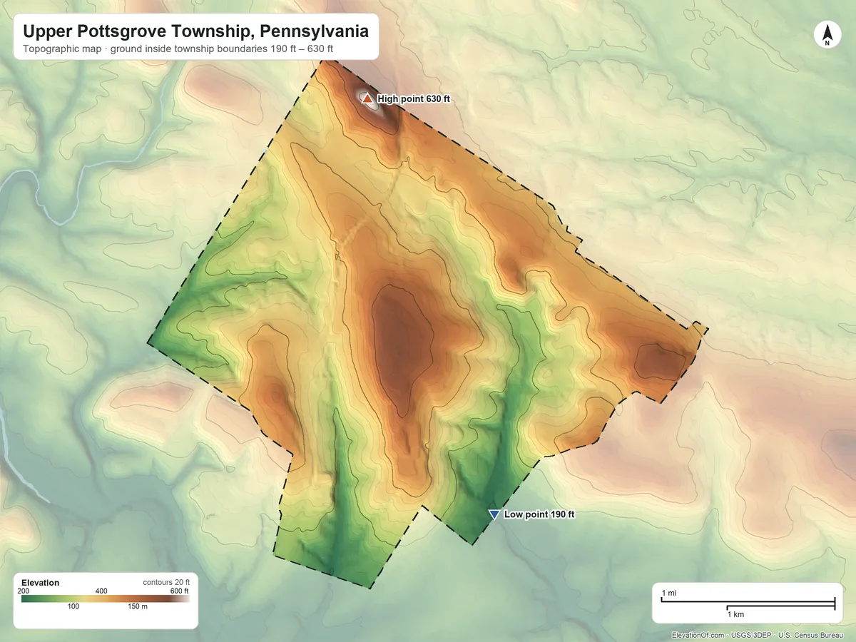 Topographic elevation map of Upper Pottsgrove Township, Pennsylvania, shaded from 190 ft on the southeast side to 630 ft on the north side
