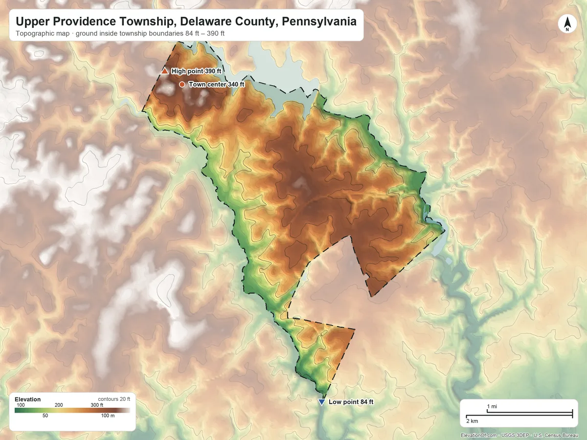 Topographic elevation map of Upper Providence Township, Delaware County, Pennsylvania, shaded from 84 ft on the southeast side to 390 ft near the middle