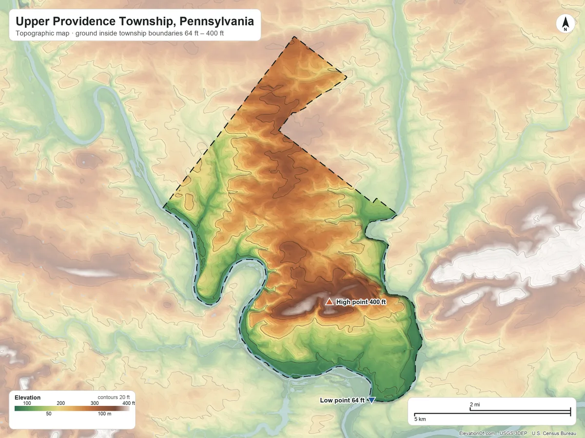 Topographic elevation map of Upper Providence Township, Pennsylvania, shaded from 64 ft on the southeast side to 400 ft on the southeast side